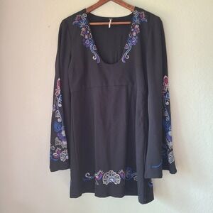 Free People Dress Womens 6 Black‎ Holiday Folk Embroidered Bell Sleeve Mini Boho